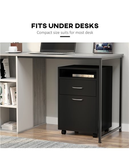 HOMCOM Mobile Storage Cabinet with Drawer, Open Shelf, Metal Handles, 4 Wheels, Office Home Organiser, Black 836-027BK - pic 58871 | FastDaddyshop