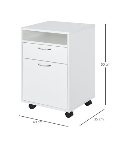 HOMCOM 60cm Storage Cabinet w/ Drawer Open Shelf Metal Handles 4 Wheels Office Home Organiser Mobile Printer White 836-027WT