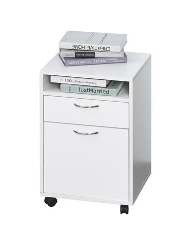 HOMCOM 60cm Storage Cabinet w/ Drawer Open Shelf Metal Handles 4 Wheels Office Home Organiser Mobile Printer White 836-027WT