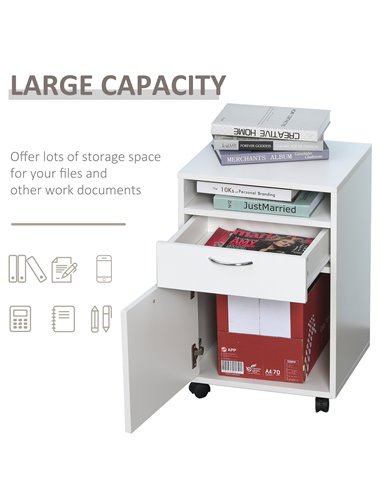 HOMCOM 60cm Storage Cabinet w/ Drawer Open Shelf Metal Handles 4 Wheels Office Home Organiser Mobile Printer White 836-027WT