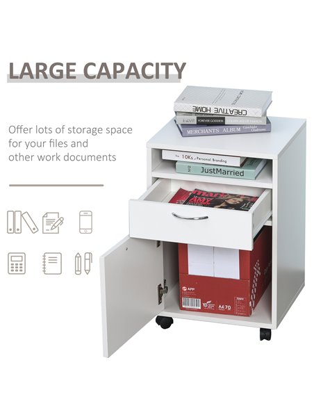 HOMCOM 60cm Storage Cabinet w/ Drawer Open Shelf Metal Handles 4 Wheels Office Home Organiser Mobile Printer White 836-027WT - pic 58880 | FastDaddyshop