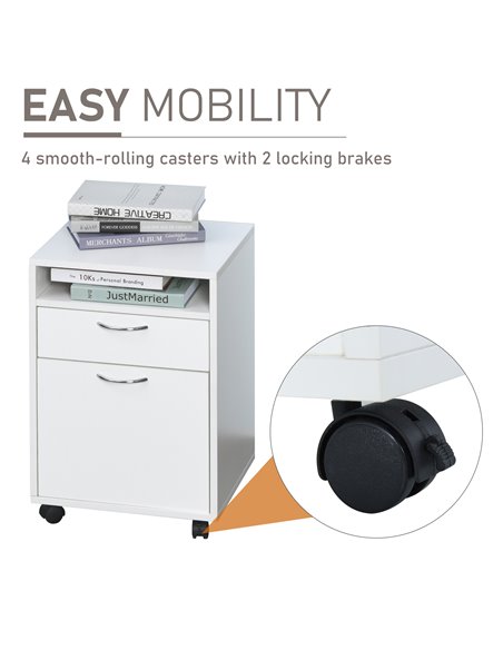 HOMCOM 60cm Storage Cabinet w/ Drawer Open Shelf Metal Handles 4 Wheels Office Home Organiser Mobile Printer White 836-027WT - pic 58882 | FastDaddyshop