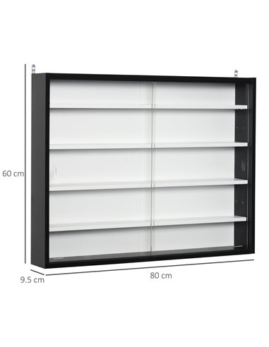 HOMCOM 5-Tier Wall Display Shelf Unit Cabinet w/ 4 Adjustable Shelves Glass Doors Home Office Ornaments 60x80cm Black/White 833-