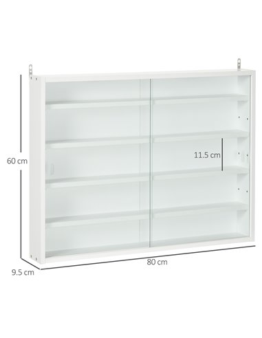 HOMCOM 5-Tier Wall Display Shelf Unit Cabinet w/ 4 Adjustable Shelves Glass Doors Home Office Ornaments 60x80cm White 833-761WT