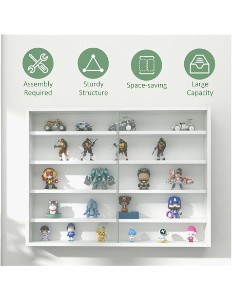 HOMCOM 5-Tier Wall Display Shelf Unit Cabinet w/ 4 Adjustable Shelves Glass Doors Home Office Ornaments 60x80cm White 833-761WT - pic 58935 | FastDaddyshop