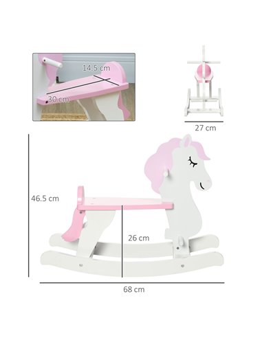 HOMCOM Kids Wooden Rocking Horse, Ride On Toy w/  Handlebar, Foot Pedal, Traditional Rocker Furniture for 1-3 Years, Pink