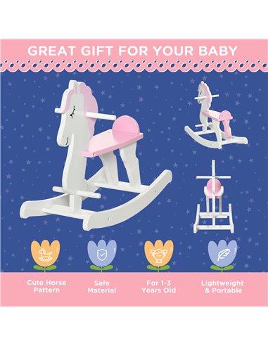 HOMCOM Kids Wooden Rocking Horse, Ride On Toy w/  Handlebar, Foot Pedal, Traditional Rocker Furniture for 1-3 Years, Pink