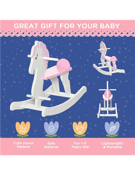 HOMCOM Kids Wooden Rocking Horse, Ride On Toy w/  Handlebar, Foot Pedal, Traditional Rocker Furniture for 1-3 Years, Pink - pic 5895 | FastDaddyshop