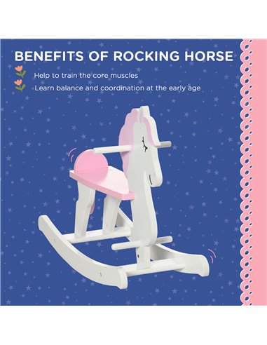 HOMCOM Kids Wooden Rocking Horse, Ride On Toy w/  Handlebar, Foot Pedal, Traditional Rocker Furniture for 1-3 Years, Pink