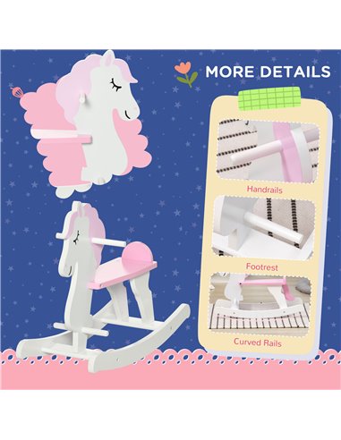 HOMCOM Kids Wooden Rocking Horse, Ride On Toy w/  Handlebar, Foot Pedal, Traditional Rocker Furniture for 1-3 Years, Pink