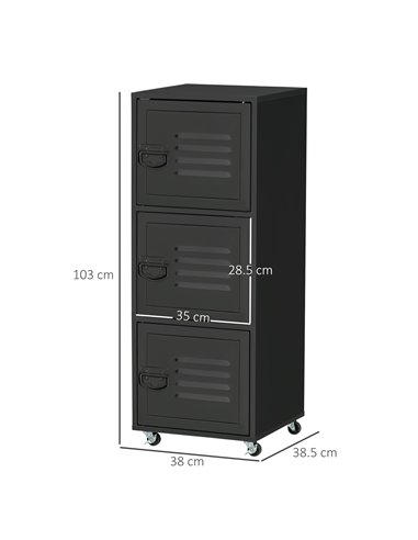 HOMCOM Rolling Storage Cabinet 3-Tier Mobile File Cabinet with Wheels & Metal Doors for Home Office, Living Room, Black 838-115B