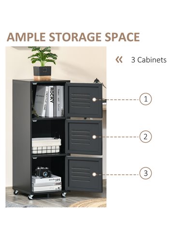 HOMCOM Rolling Storage Cabinet 3-Tier Mobile File Cabinet with Wheels & Metal Doors for Home Office, Living Room, Black 838-115B