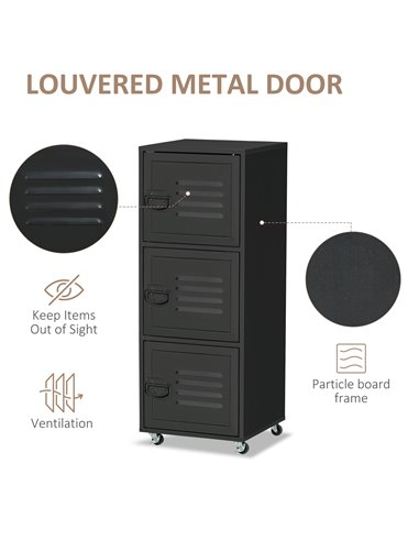 HOMCOM Rolling Storage Cabinet 3-Tier Mobile File Cabinet with Wheels & Metal Doors for Home Office, Living Room, Black 838-115B