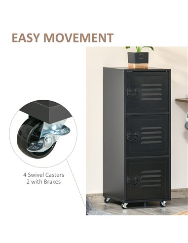 HOMCOM Rolling Storage Cabinet 3-Tier Mobile File Cabinet with Wheels & Metal Doors for Home Office, Living Room, Black 838-115B
