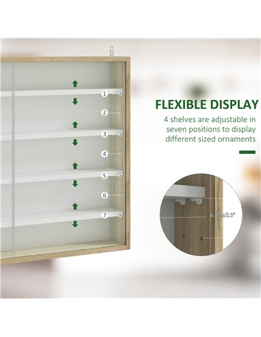 HOMCOM 5-Tier Wall Display Shelf Unit Cabinet w/ 4 Adjustable Shelves Glass Doors Home Office Ornaments 60x80cm Natural 833-761V
