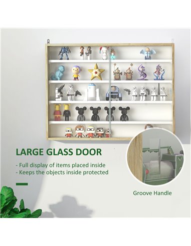 HOMCOM 5-Tier Wall Display Shelf Unit Cabinet w/ 4 Adjustable Shelves Glass Doors Home Office Ornaments 60x80cm Natural 833-761V
