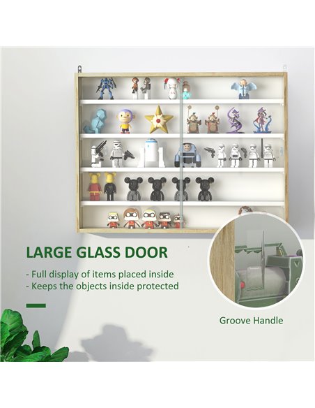 HOMCOM 5-Tier Wall Display Shelf Unit Cabinet w/ 4 Adjustable Shelves Glass Doors Home Office Ornaments 60x80cm Natural 833-761V - pic 59087 | FastDaddyshop