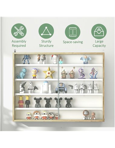 HOMCOM 5-Tier Wall Display Shelf Unit Cabinet w/ 4 Adjustable Shelves Glass Doors Home Office Ornaments 60x80cm Natural 833-761V