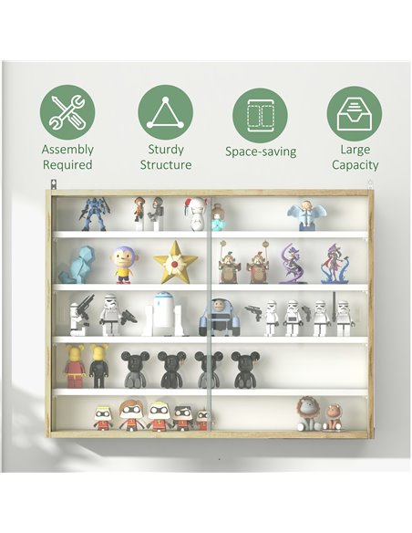 HOMCOM 5-Tier Wall Display Shelf Unit Cabinet w/ 4 Adjustable Shelves Glass Doors Home Office Ornaments 60x80cm Natural 833-761V - pic 59088 | FastDaddyshop