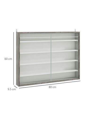 HOMCOM 5-Tier Wall Display Shelf Unit Cabinet w/ 4 Adjustable Shelves Glass Doors Home Office Ornaments 60x80cm Grey Wood Grain 