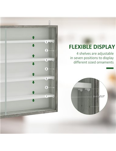 HOMCOM 5-Tier Wall Display Shelf Unit Cabinet w/ 4 Adjustable Shelves Glass Doors Home Office Ornaments 60x80cm Grey Wood Grain 