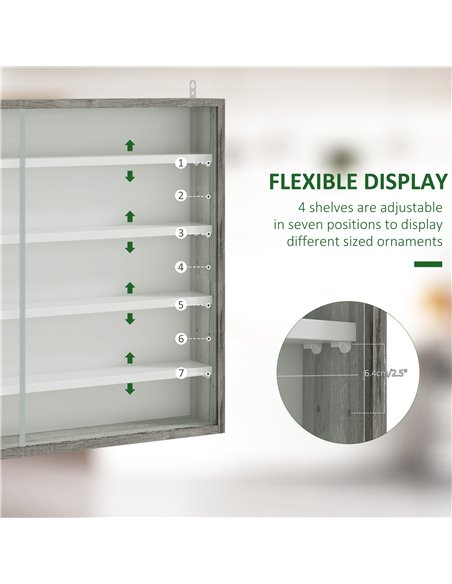 HOMCOM 5-Tier Wall Display Shelf Unit Cabinet w/ 4 Adjustable Shelves Glass Doors Home Office Ornaments 60x80cm Grey Wood Grain  - pic 59095 | FastDaddyshop