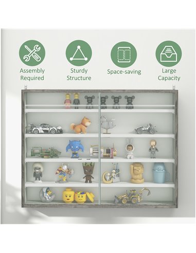 HOMCOM 5-Tier Wall Display Shelf Unit Cabinet w/ 4 Adjustable Shelves Glass Doors Home Office Ornaments 60x80cm Grey Wood Grain 