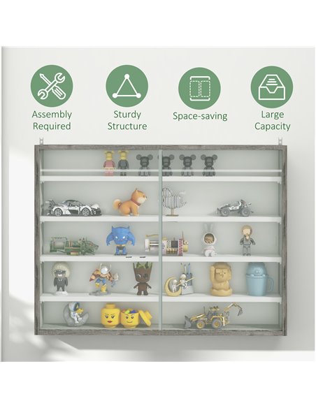 HOMCOM 5-Tier Wall Display Shelf Unit Cabinet w/ 4 Adjustable Shelves Glass Doors Home Office Ornaments 60x80cm Grey Wood Grain  - pic 59097 | FastDaddyshop
