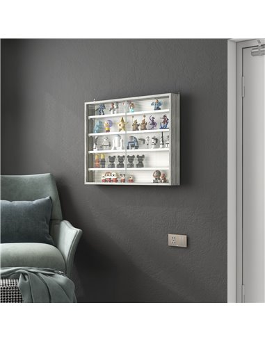 HOMCOM 5-Tier Wall Display Shelf Unit Cabinet w/ 4 Adjustable Shelves Glass Doors Home Office Ornaments 60x80cm Grey Wood Grain 