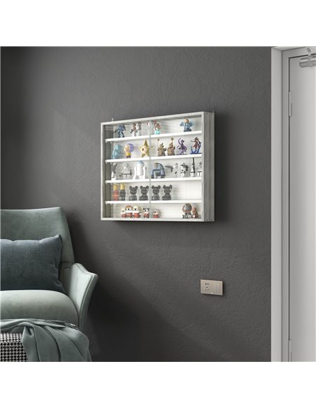 HOMCOM 5-Tier Wall Display Shelf Unit Cabinet w/ 4 Adjustable Shelves Glass Doors Home Office Ornaments 60x80cm Grey Wood Grain  - pic 59098 | FastDaddyshop
