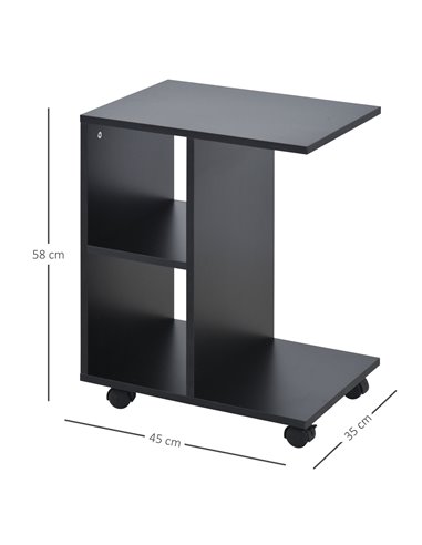 HOMCOM C-Shape End Table Unique Storage Unit w/ 2 Shelves 4 Wheels Freestanding Home Office Furniture Cabinet Square Studio Blac
