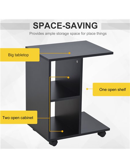 HOMCOM C-Shape End Table Unique Storage Unit w/ 2 Shelves 4 Wheels Freestanding Home Office Furniture Cabinet Square Studio Blac - pic 59104 | FastDaddyshop