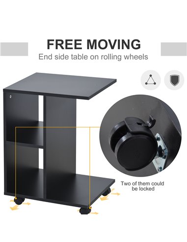 HOMCOM C-Shape End Table Unique Storage Unit w/ 2 Shelves 4 Wheels Freestanding Home Office Furniture Cabinet Square Studio Blac
