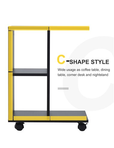 HOMCOM C-Shape End Table Unique Storage Unit w/ 2 Shelves 4 Wheels Freestanding Home Office Furniture Cabinet Square Studio Blac