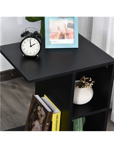 HOMCOM C-Shape End Table Unique Storage Unit w/ 2 Shelves 4 Wheels Freestanding Home Office Furniture Cabinet Square Studio Blac