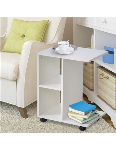 HOMCOM C-Shape End Table Unique Storage Unit w/ 2 Shelves 4 Wheels Freestanding Home Office Furniture Cabinet Square Studio Whit