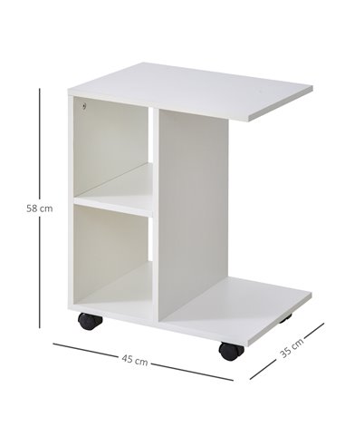 HOMCOM C-Shape End Table Unique Storage Unit w/ 2 Shelves 4 Wheels Freestanding Home Office Furniture Cabinet Square Studio Whit