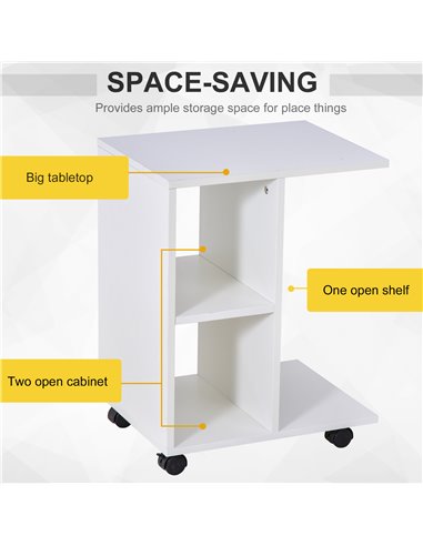 HOMCOM C-Shape End Table Unique Storage Unit w/ 2 Shelves 4 Wheels Freestanding Home Office Furniture Cabinet Square Studio Whit