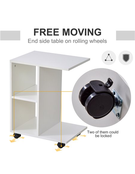 HOMCOM C-Shape End Table Unique Storage Unit w/ 2 Shelves 4 Wheels Freestanding Home Office Furniture Cabinet Square Studio Whit - pic 59114 | FastDaddyshop