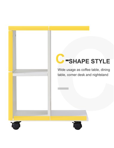 HOMCOM C-Shape End Table Unique Storage Unit w/ 2 Shelves 4 Wheels Freestanding Home Office Furniture Cabinet Square Studio Whit