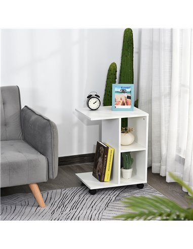 HOMCOM C-Shape End Table Unique Storage Unit w/ 2 Shelves 4 Wheels Freestanding Home Office Furniture Cabinet Square Studio Whit