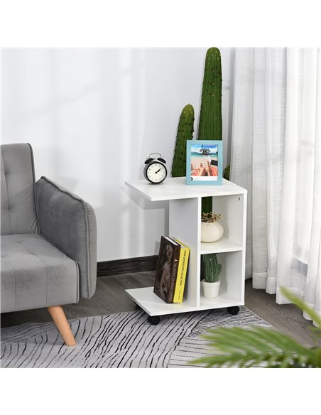 HOMCOM C-Shape End Table Unique Storage Unit w/ 2 Shelves 4 Wheels Freestanding Home Office Furniture Cabinet Square Studio Whit - pic 59118 | FastDaddyshop