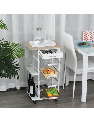 HOMCOM Kitchen Trolley, Rolling Utility Storage Cart with Four Basket Drawers, Side Racks & Wheels, Dining Room Organiser, Brown
