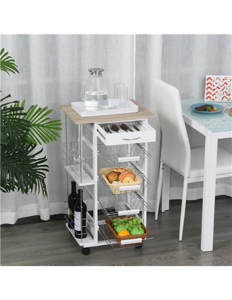 HOMCOM Kitchen Trolley, Rolling Utility Storage Cart with Four Basket Drawers, Side Racks & Wheels, Dining Room Organiser, Brown - pic 59120 | FastDaddyshop