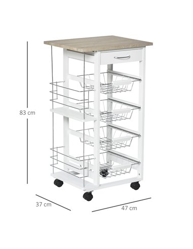 HOMCOM Kitchen Trolley, Rolling Utility Storage Cart with Four Basket Drawers, Side Racks & Wheels, Dining Room Organiser, Brown