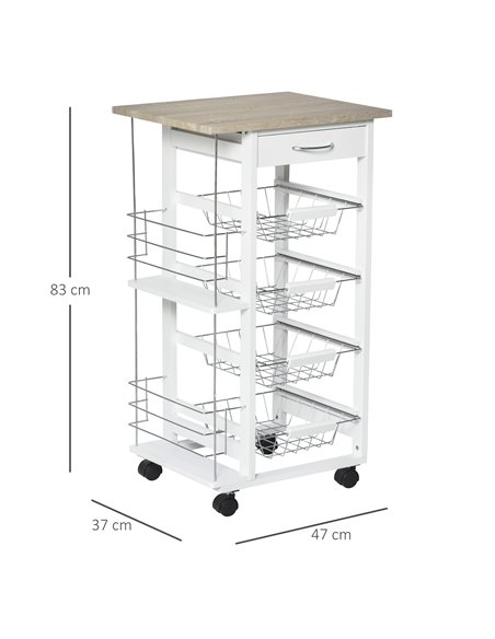 HOMCOM Kitchen Trolley, Rolling Utility Storage Cart with Four Basket Drawers, Side Racks & Wheels, Dining Room Organiser, Brown - pic 59121 | FastDaddyshop