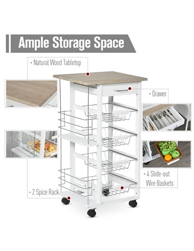 HOMCOM Kitchen Trolley, Rolling Utility Storage Cart with Four Basket Drawers, Side Racks & Wheels, Dining Room Organiser, Brown