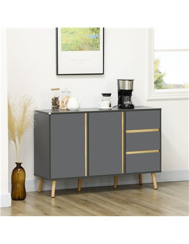 HOMCOM Sideboard, Modern Kitchen Cupboard with Double Doors and 3 Drawers, Adjustable Shelves for Living Dining Room, Dark Grey 