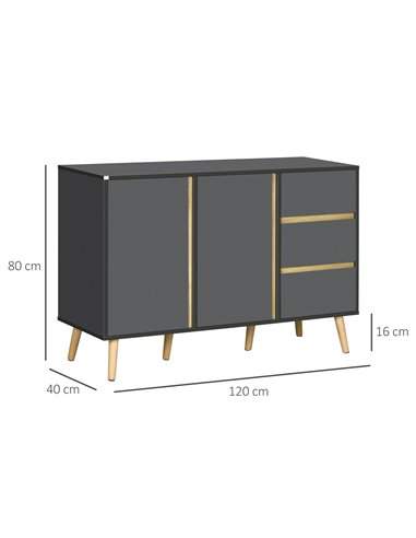 HOMCOM Sideboard, Modern Kitchen Cupboard with Double Doors and 3 Drawers, Adjustable Shelves for Living Dining Room, Dark Grey 