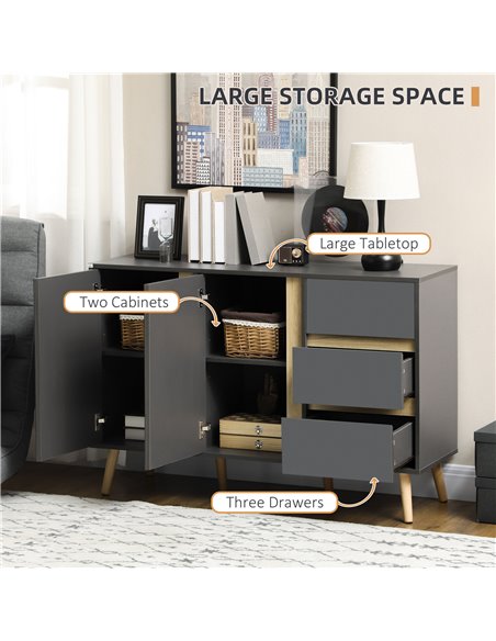 HOMCOM Sideboard, Modern Kitchen Cupboard with Double Doors and 3 Drawers, Adjustable Shelves for Living Dining Room, Dark Grey  - pic 59140 | FastDaddyshop